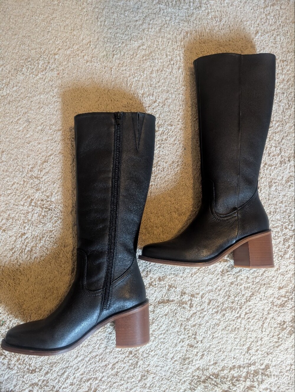 Black Leather Block Heel Boots